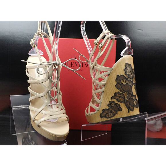 NIB VALENTINO NUDE LEATHER CAGE LACE UP WOODEN LACE WEDGES SANDALS 40 $1095 - Picture 5 of 12